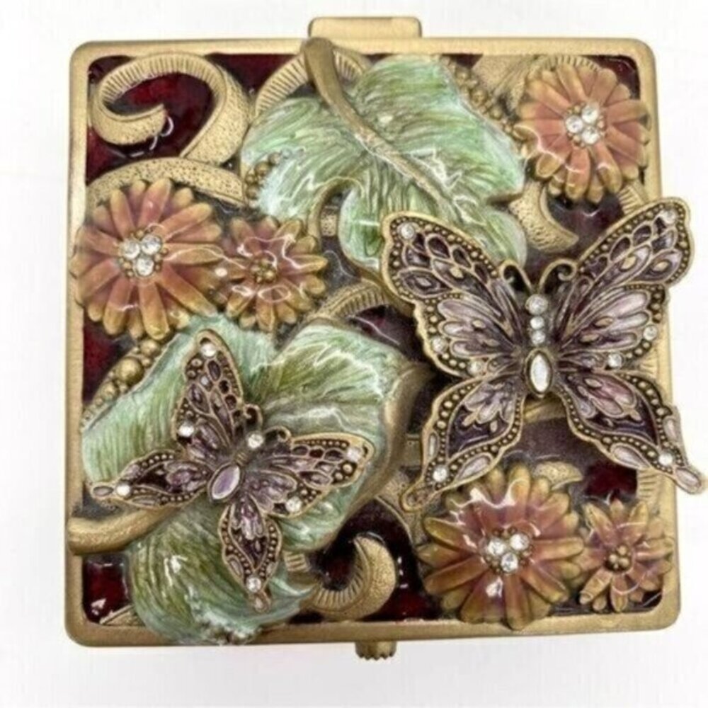 Vintage Floral Butterfly Enamel Rhinestone Jewelled Trinket Box